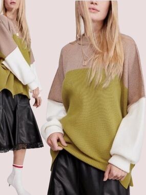 Free People Easy Street Color Block Tunic Sweater Lime Small